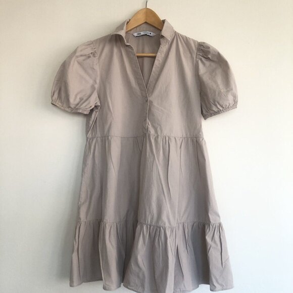 Zara short sleeve collared baby doll dress cotton Beige Small Lightweight Loose - Picture 7 of 10